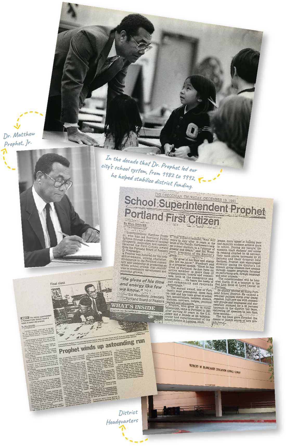 Photos of Dr. Matthew Prophet, Jr. and newspaper clippings.